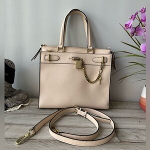 Calvin Klein Cream Roxy Leather Tote Crossbody Bag with Gold Accents